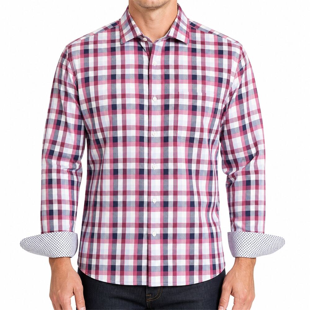 Neiman Marcus Shirt Mens XL Red Blue Plaid Button Down Long Sleeve Cotton Casual